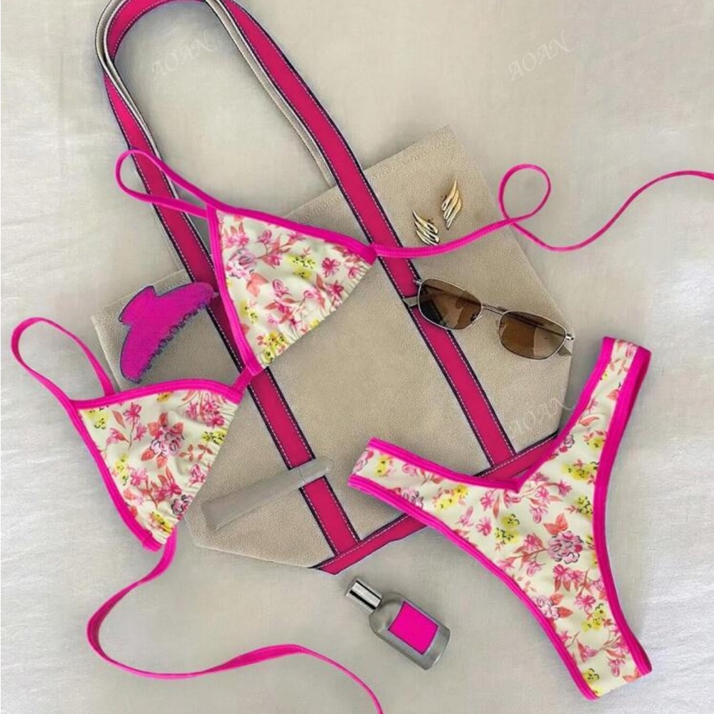 Floral Pink Bikini Set with Tote